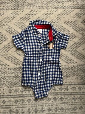 Blue Gingham Short-Sleeve Baby Shirt with Baseball Applique